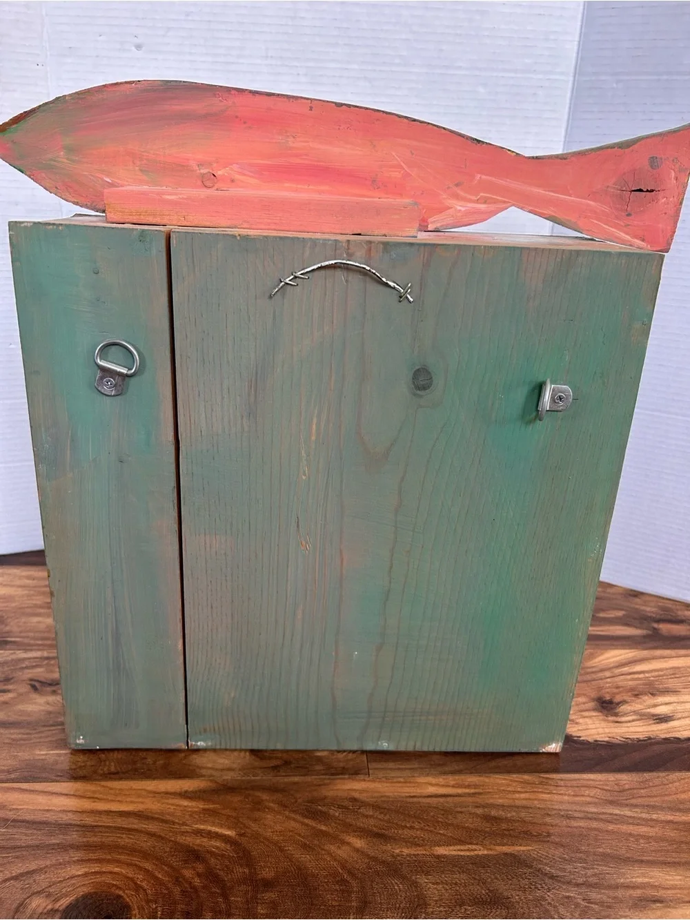 Hand Painted Folk Art Wall Cabinet Coastal Fish Motif Beach Rustic Wooden Shadow